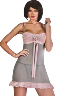 Natkjole I Grå Og Rosa med G-streng