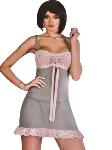 Natkjole I Grå Og Rosa med G-streng